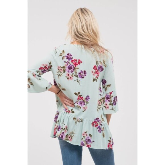 Blu Pepper Floral Tunic Top W/ Lace-Up Neckline & Ruffle Hem Light Blue Medium - Picture 5 of 10